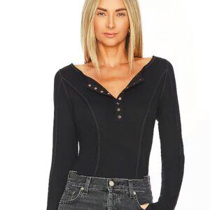 Free People Sloane Thermal Long Sleeve Fitted Ribbed Henley Bodysuit Black - NWT